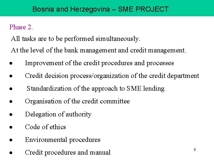 Bosnia and Herzegovina – SME PROJECT Phase 2. All tasks are to be performed
