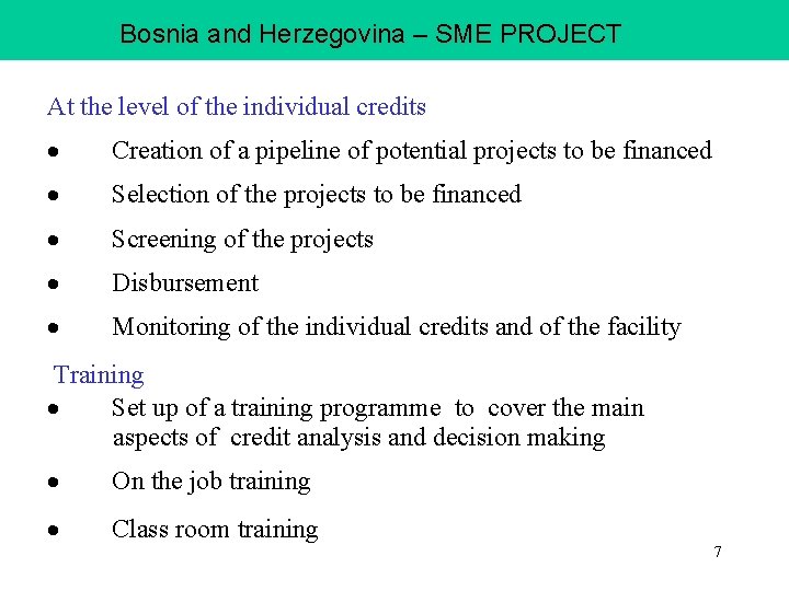 Bosnia and Herzegovina – SME PROJECT At the level of the individual credits ·