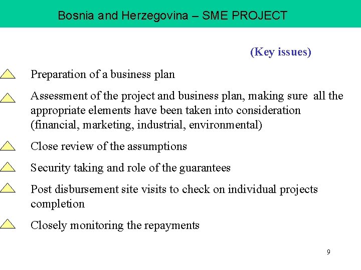 Bosnia and Herzegovina – SME PROJECT (Key issues) Preparation of a business plan Assessment