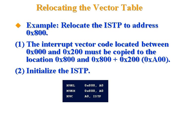 Relocating the Vector Table Example: Relocate the ISTP to address 0 x 800. (1)