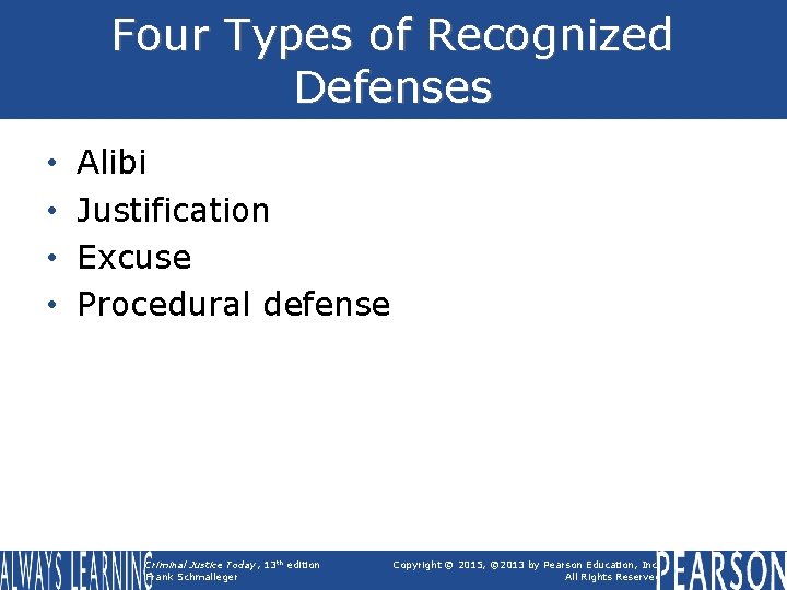 Four Types of Recognized Defenses • • Alibi Justification Excuse Procedural defense Criminal Justice