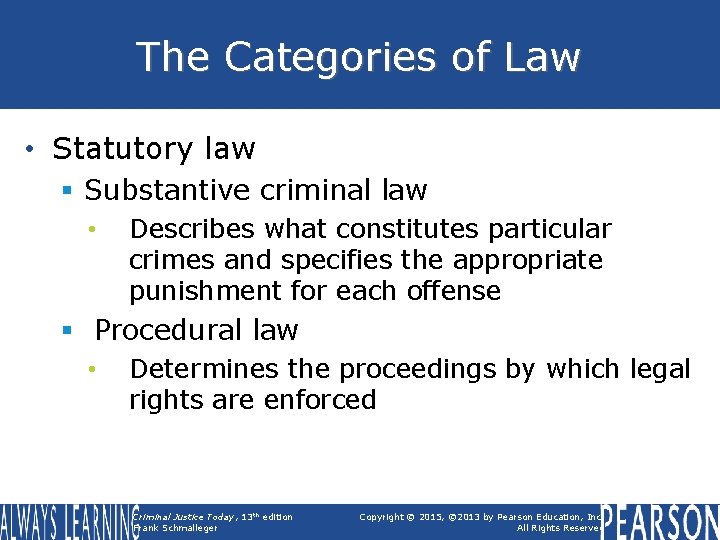 The Categories of Law • Statutory law § Substantive criminal law • Describes what