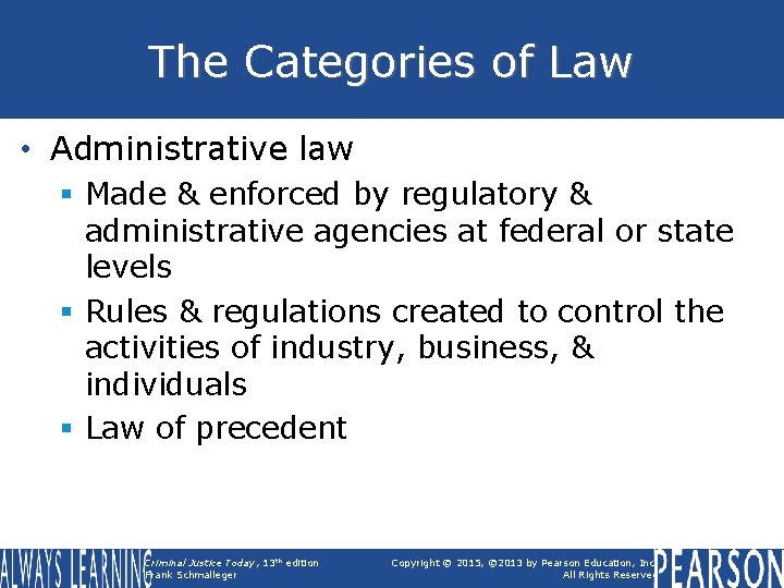 The Categories of Law • Administrative law § Made & enforced by regulatory &