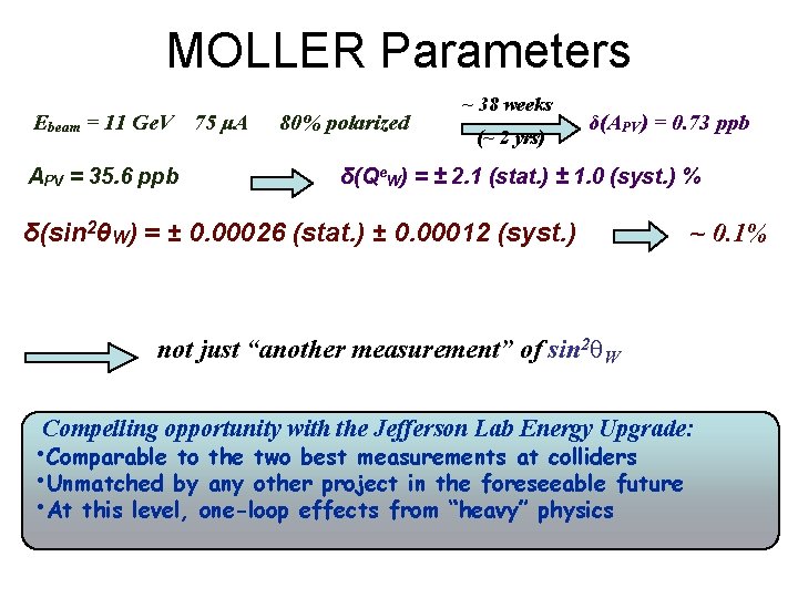 MOLLER Parameters Ebeam = 11 Ge. V 75 μA APV = 35. 6 ppb