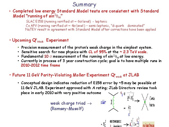 Summary • Completed low energy Standard Model tests are consistent with Standard Model “running