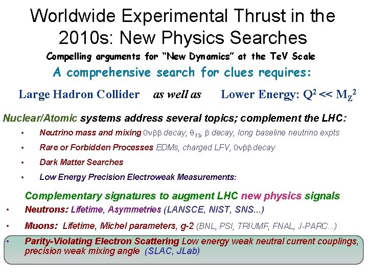Worldwide Experimental Thrust in the 2010 s: New Physics Searches Compelling arguments for “New