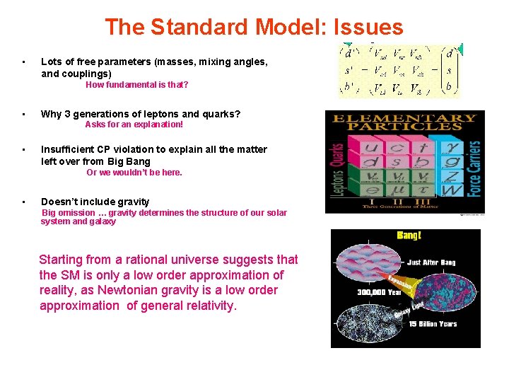 The Standard Model: Issues • Lots of free parameters (masses, mixing angles, and couplings)