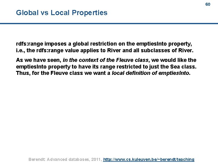 60 Global vs Local Properties rdfs: range imposes a global restriction on the empties.