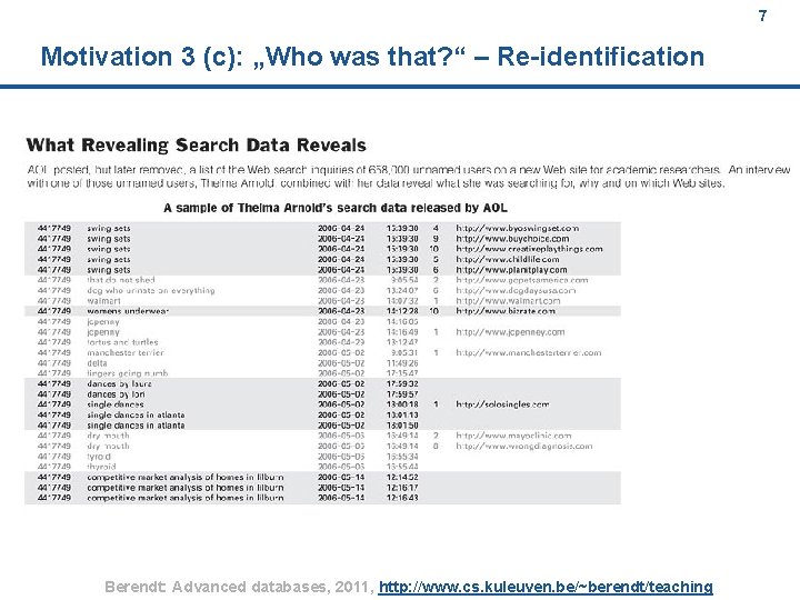 7 Motivation 3 (c): „Who was that? “ – Re-identification Berendt: Advanced databases, 2011,