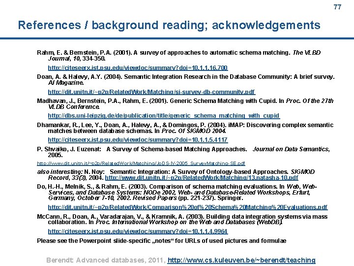 77 References / background reading; acknowledgements Rahm, E. & Bernstein, P. A. (2001). A