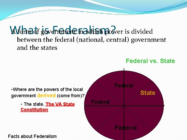 A form of government in which power is divided What is Federalism? between the