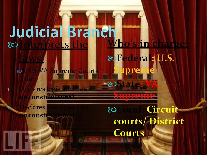 Judicial Branch Interprets the laws. US & VA Supreme Courts 1. 2. can: Declares