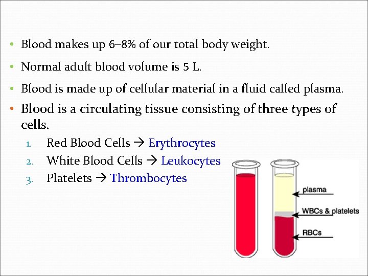  • Blood makes up 6– 8% of our total body weight. • Normal