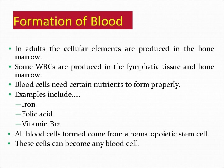Formation of Blood • In adults the cellular elements are produced in the bone