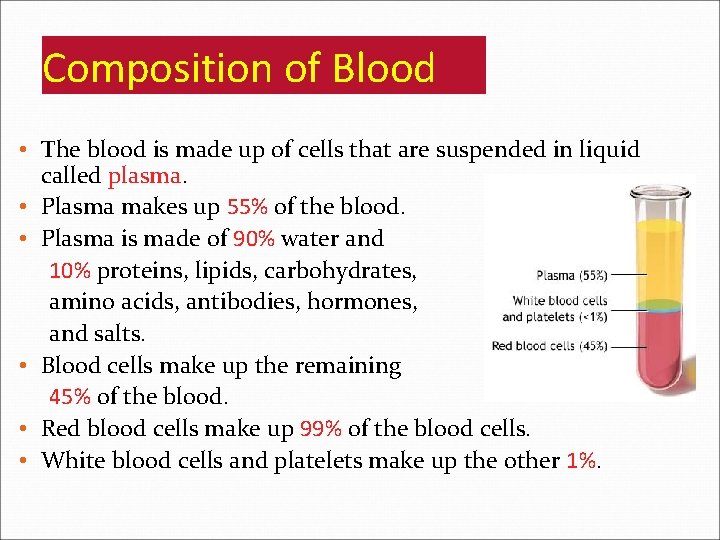 Composition of Blood • The blood is made up of cells that are suspended