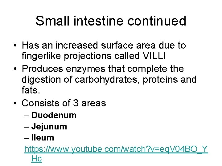 Small intestine continued • Has an increased surface area due to fingerlike projections called