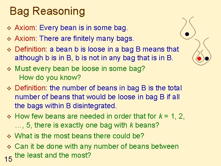 Bag Reasoning v v v v 15 Axiom: Every bean is in some bag.