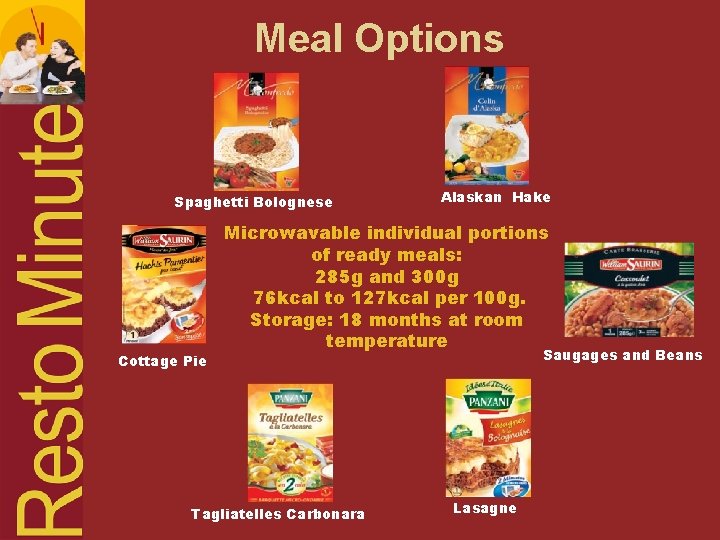 Meal Options Spaghetti Bolognese Cottage Pie Alaskan Hake Microwavable individual portions of ready meals: