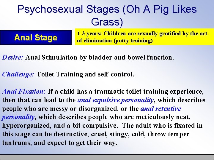 Psychosexual Stages (Oh A Pig Likes Grass) Anal Stage 1 -3 years: Children are