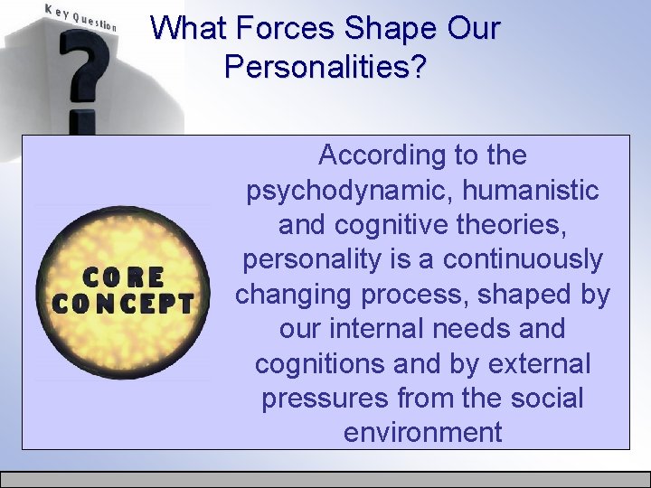 What Forces Shape Our Personalities? According to the psychodynamic, humanistic and cognitive theories, personality