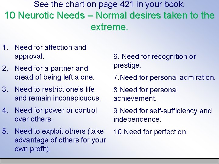 See the chart on page 421 in your book. 10 Neurotic Needs – Normal