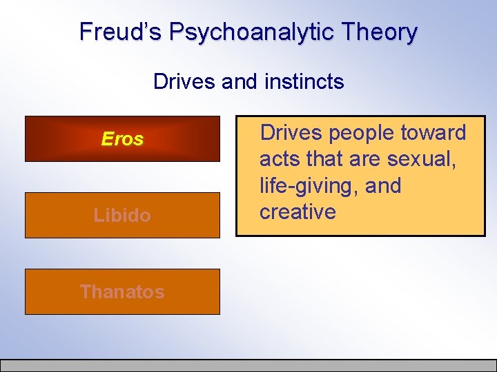 Freud’s Psychoanalytic Theory Drives and instincts Eros Libido Thanatos Drives people toward acts that