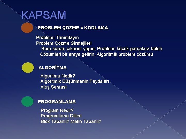 KAPSAM PROBLEM ÇÖZME = KODLAMA Problemi Tanımlayın Problem Çözme Stratejileri Soru sorun, çıkarım yapın,