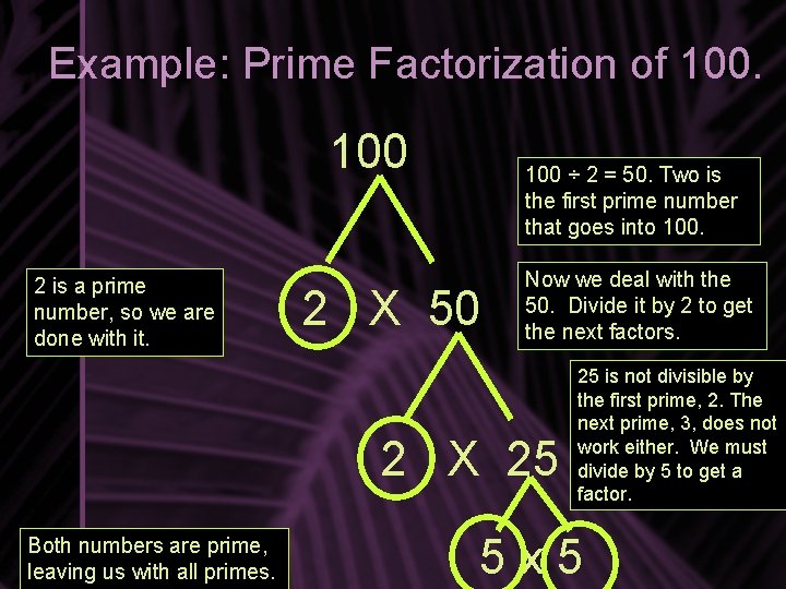 Example: Prime Factorization of 100 2 is a prime number, so we are done