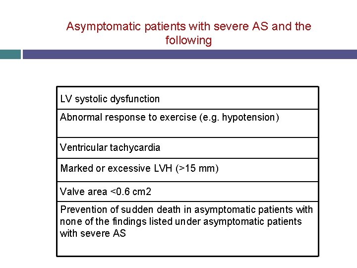 Asymptomatic patients with severe AS and the following LV systolic dysfunction Abnormal response to