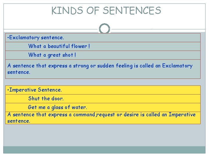 KINDS OF SENTENCES • Exclamatory sentence. What a beautiful flower ! What a great
