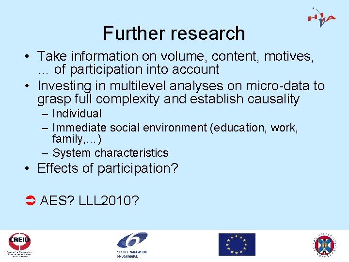 Further research • Take information on volume, content, motives, … of participation into account