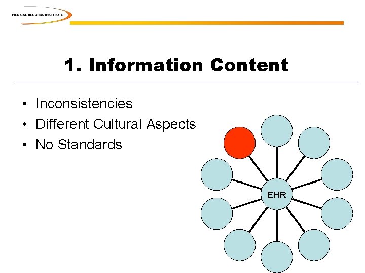 1. Information Content • Inconsistencies • Different Cultural Aspects • No Standards EHR 1. Information Content • Inconsistencies • Different Cultural Aspects • No Standards EHR