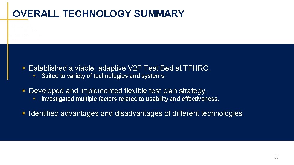 OVERALL TECHNOLOGY SUMMARY § Established a viable, adaptive V 2 P Test Bed at