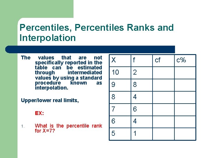 Percentiles, Percentiles Ranks and Interpolation The values that are not specifically reported in the