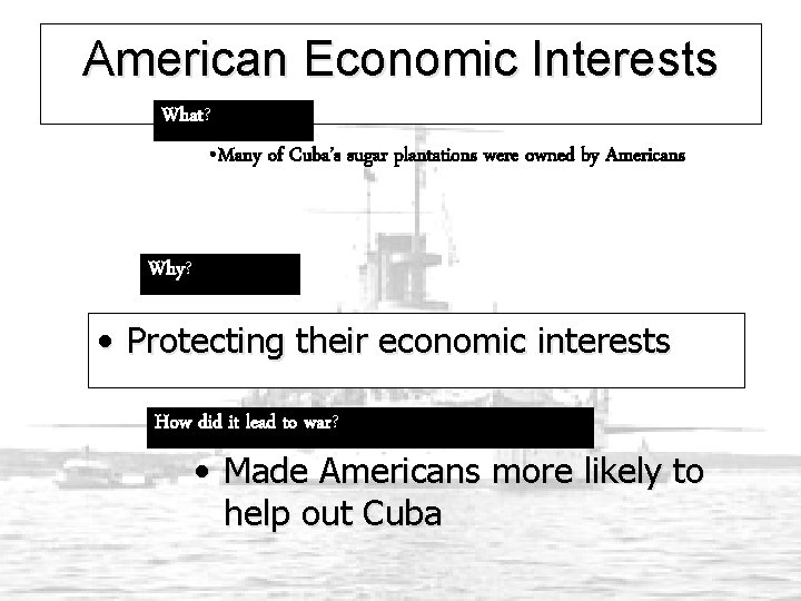 American Economic Interests What? • Many of Cuba’s sugar plantations were owned by Americans