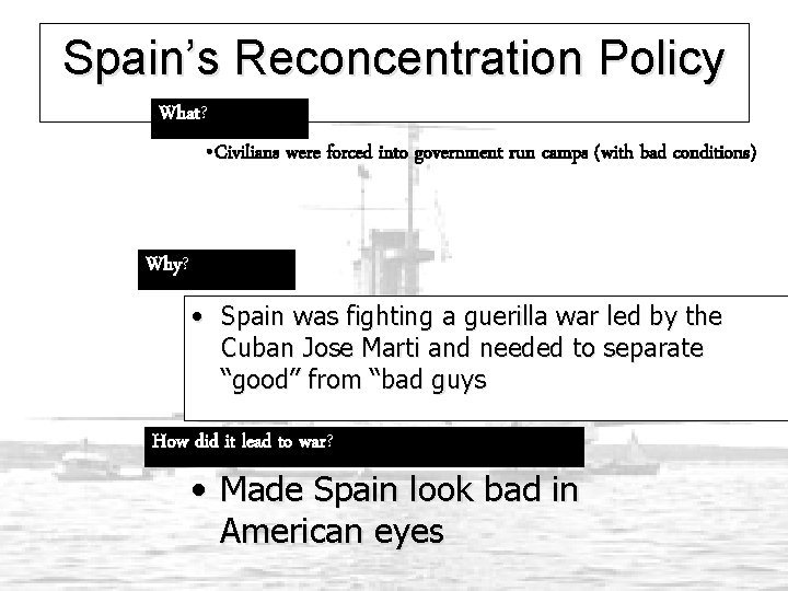 Spain’s Reconcentration Policy What? • Civilians were forced into government run camps (with bad