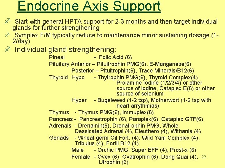 Endocrine Axis Support f Start with general HPTA support for 2 -3 months and