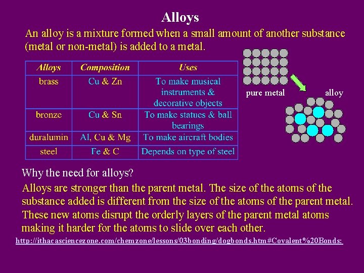 Alloys An alloy is a mixture formed when a small amount of another substance