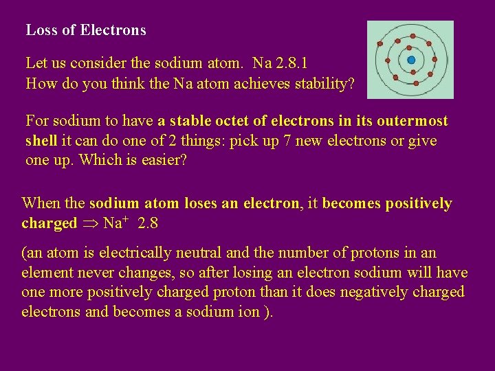 Loss of Electrons Let us consider the sodium atom. Na 2. 8. 1 How