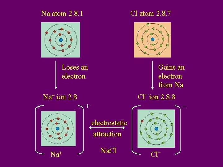 Na atom 2. 8. 1 Cl atom 2. 8. 7 Gains an electron from