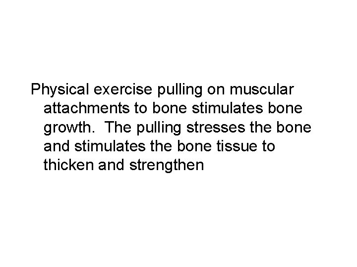 Physical exercise pulling on muscular attachments to bone stimulates bone growth. The pulling stresses