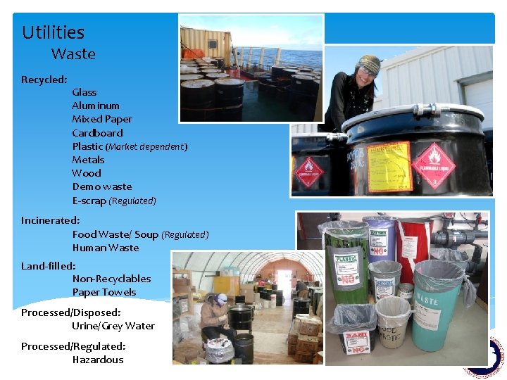 Utilities Waste Recycled: Glass Aluminum Mixed Paper Cardboard Plastic (Market dependent) Metals Wood Demo
