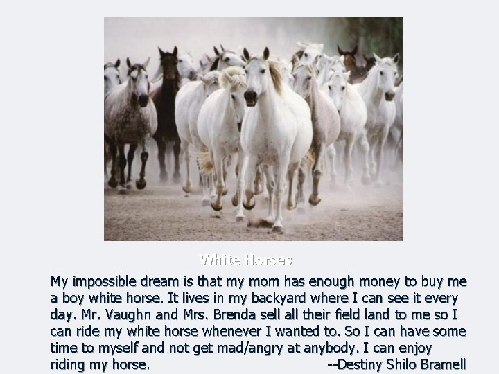 White Horses My impossible dream is that my mom has enough money to buy