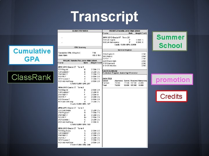 Transcript. . Cumulative GPA Class. Rank Summer School promotion Credits 