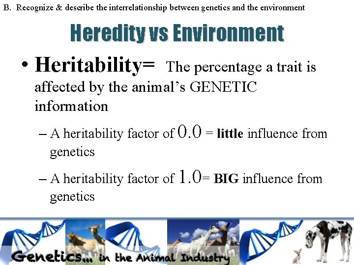 B. Recognize & describe the interrelationship between genetics and the environment Heredity vs Environment B. Recognize & describe the interrelationship between genetics and the environment Heredity vs Environment