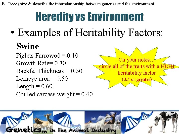 B. Recognize & describe the interrelationship between genetics and the environment Heredity vs Environment B. Recognize & describe the interrelationship between genetics and the environment Heredity vs Environment