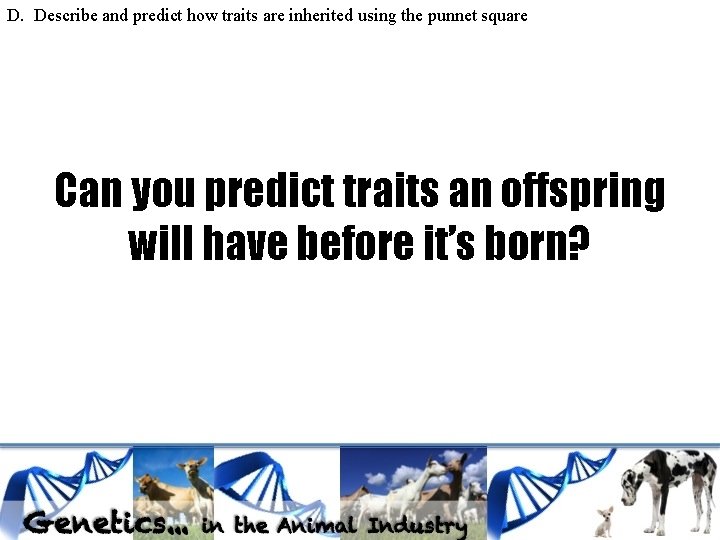 D. Describe and predict how traits are inherited using the punnet square Can you