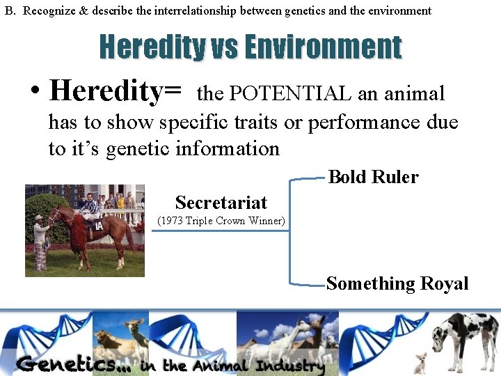 B. Recognize & describe the interrelationship between genetics and the environment Heredity vs Environment B. Recognize & describe the interrelationship between genetics and the environment Heredity vs Environment
