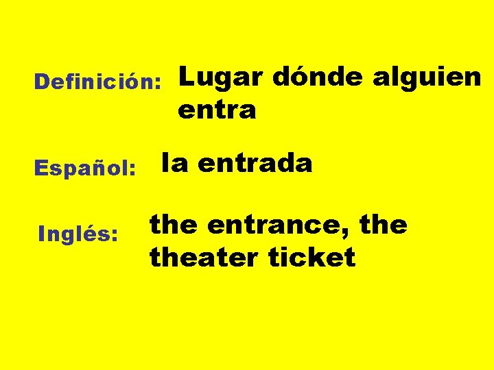 Definición: Español: Inglés: Lugar dónde alguien entra la entrada the entrance, theater ticket 