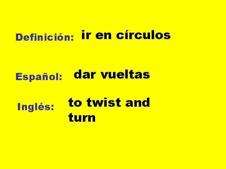 Definición: Español: Inglés: ir en círculos dar vueltas to twist and turn 